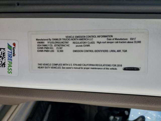 1FUJGLDR6JLHG7997 - 2018 FREIGHTLINER CASCADIA 1 أبيض صورة 10