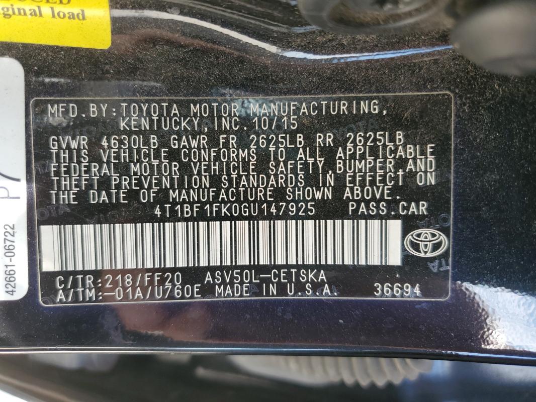 4T1BF1FK0GU147925 - 2016 TOYOTA CAMRY LE 黑色 照片 12