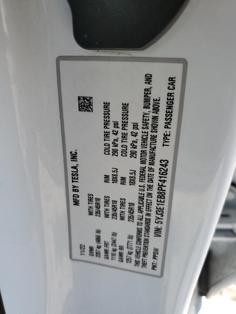 5YJ3E1EB8PF416243 - 2023 TESLA MODEL 3 WHITE photo 13