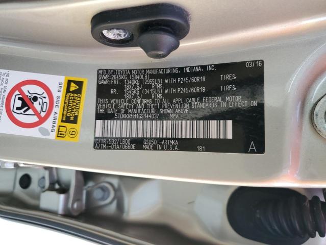 5TDKKRFH1GS144037 - 2016 TOYOTA HIGHLANDER XLE BEIGE photo 14