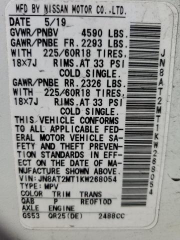 JN8AT2MT1KW268054 - 2019 NISSAN ROGUE S თეთრი ფოტო 12