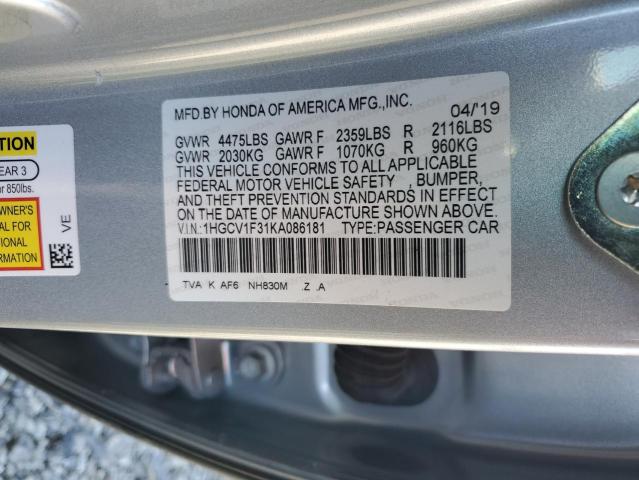 1HGCV1F31KA086181 - 2019 HONDA ACCORD SPORT ვერცხლისფერი ფოტო 12