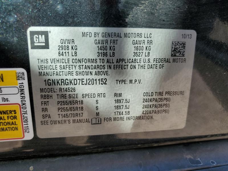 1GNKRGKD7EJ201152 - 2014 CHEVROLET TRAVERSE LT შავი ფოტო 14