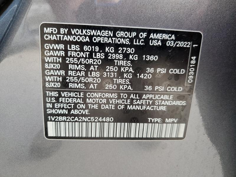 1V2BR2CA2NC524480 - 2022 VOLKSWAGEN ATLAS SEL Сірий фото 13