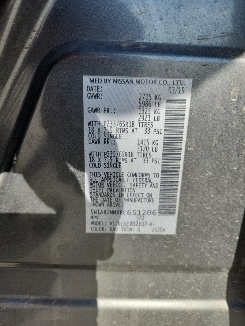 5N1AR2MMXFC651206 - 2015 NISSAN PATHFINDER S Grafit fotoğraf 12