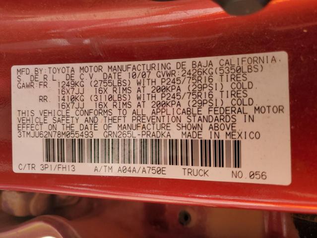 3TMJU62N78M055493 - 2008 TOYOTA TACOMA DOUBLE CAB PRERUNNER RED photo 12