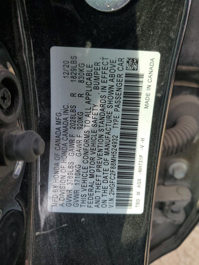 2HGFC2F88MH524932 - 2021 HONDA CIVIC SPORT Schwarz Foto 12