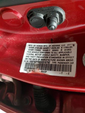19XFB2F85DE010792 - 2013 HONDA CIVIC EX Червоний фото 12