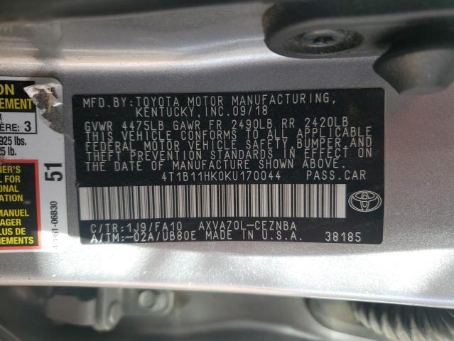 4T1B11HK0KU170044 - 2019 TOYOTA CAMRY L فضي صورة 12