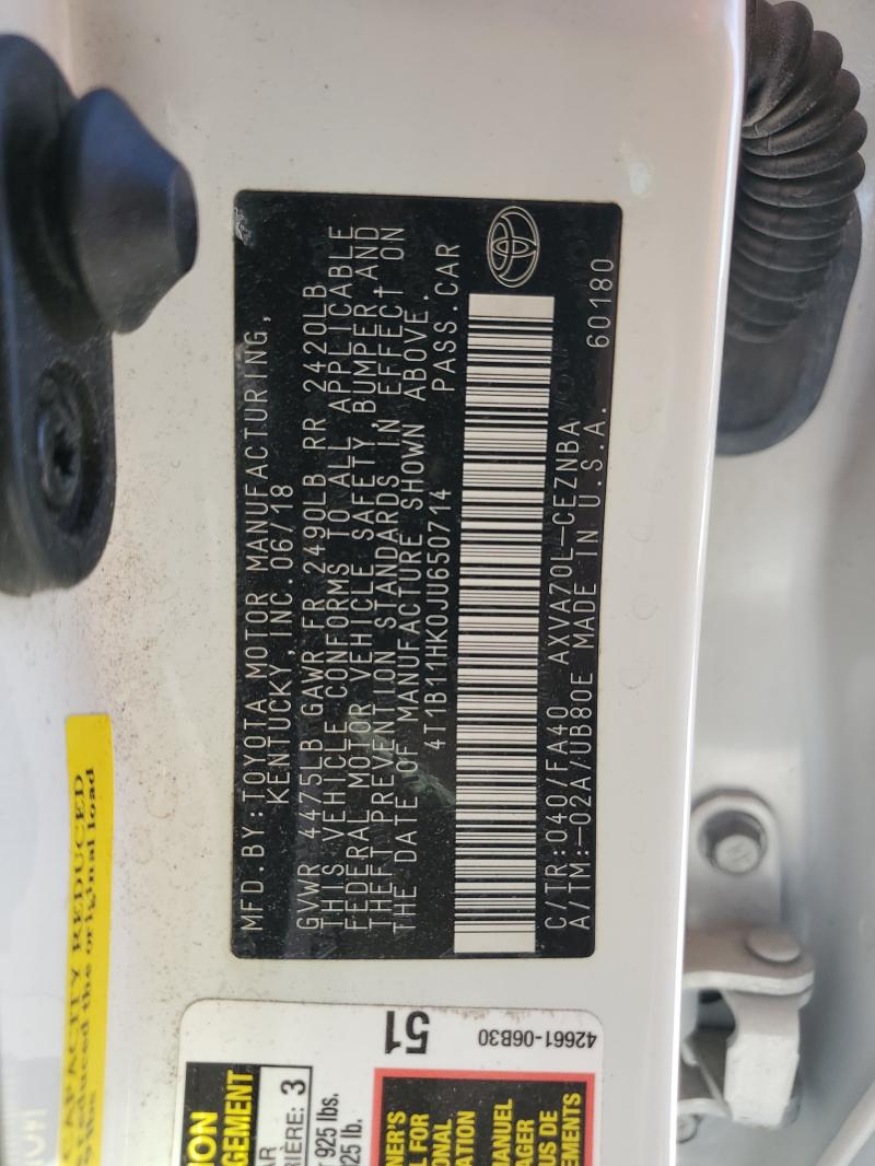 4T1B11HK0JU650714 - 2018 TOYOTA CAMRY L თეთრი ფოტო 13