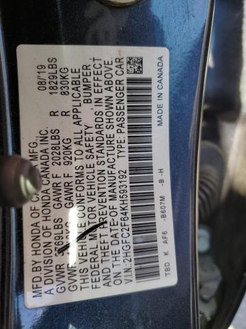 2HGFC2F64KH593192 - 2019 HONDA CIVIC LX Серый фото 13