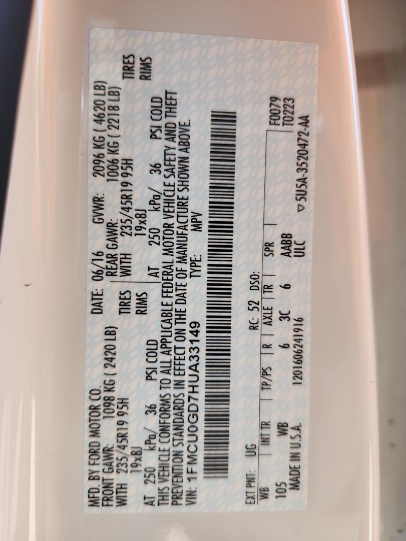 1FMCU0GD7HUA33149 - 2017 FORD ESCAPE SE WHITE photo 13