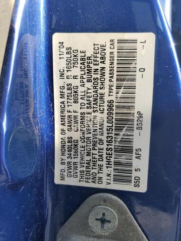 1HGES16315L009966 - 2005 HONDA CIVIC DX VP Կապույտ լուսանկար 12