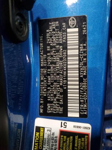 4T1B11HK4KU237082 - 2019 TOYOTA CAMRY L Mavi fotoğraf 12