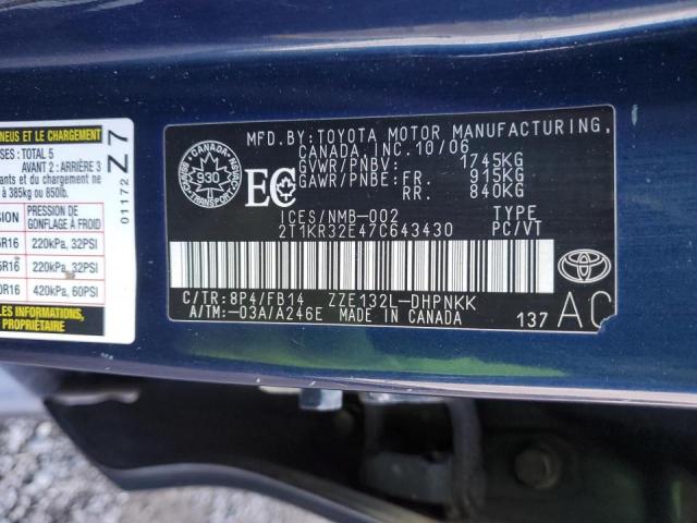 2T1KR32E47C643430 - 2007 TOYOTA COROLLA MA XR BLUE photo 12