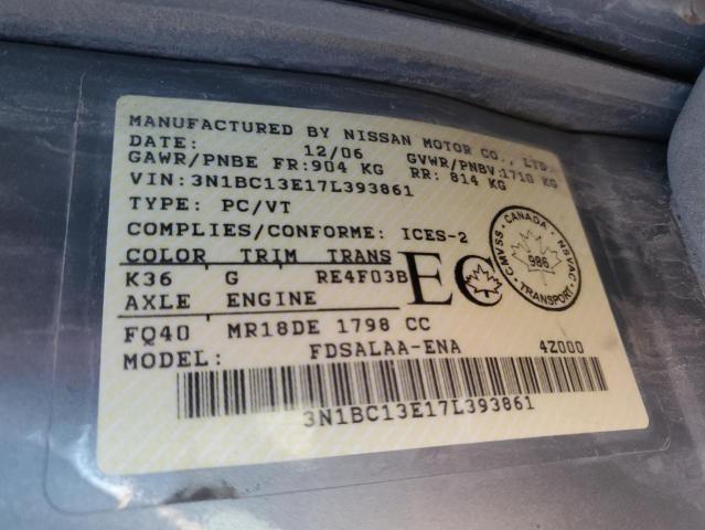 3N1BC13E17L393861 - 2007 NISSAN VERSA S 银色 照片 12