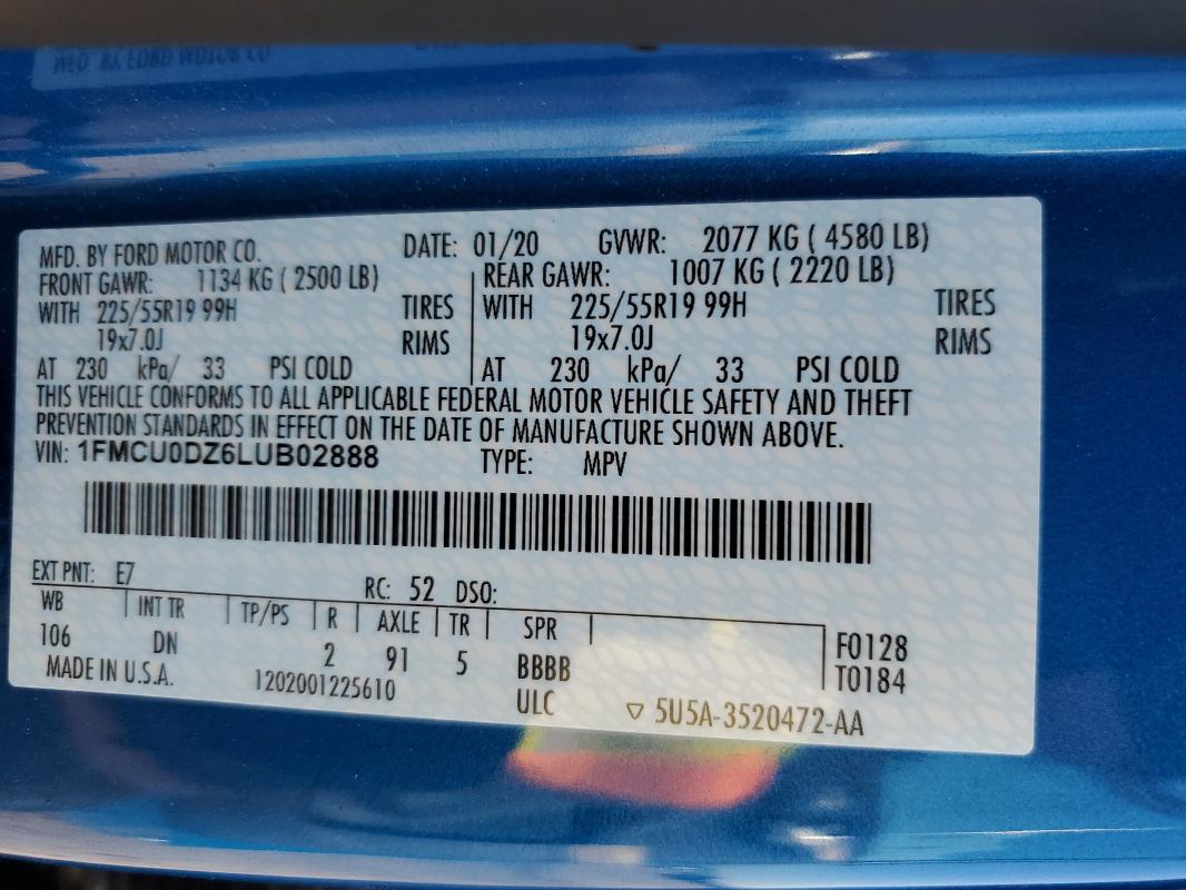 1FMCU0DZ6LUB02888 - 2020 FORD ESCAPE TITANIUM BLUE photo 12