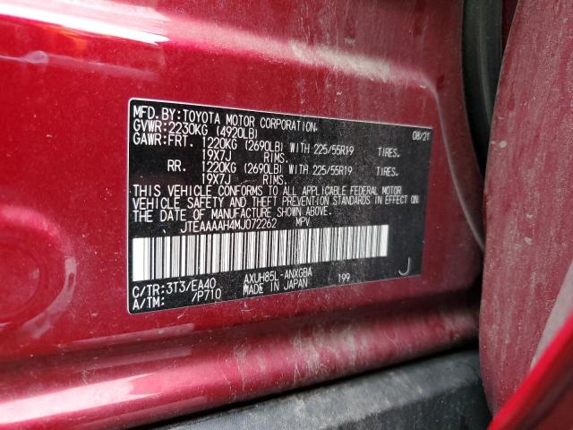 JTEAAAAH4MJ072262 - 2021 TOYOTA VENZA LE ბურგუნდია ფოტო 12