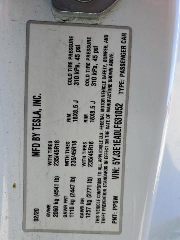 5YJ3E1EA0LF631052 - 2020 TESLA MODEL 3 Սպիտակ լուսանկար 12
