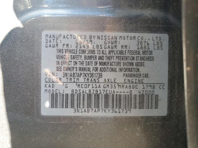 3N1AB7AP7KY361739 - 2019 NISSAN SENTRA S CHARCOAL photo 12