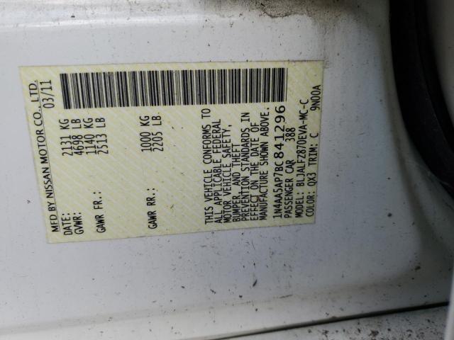 1N4AA5AP7BC841296 - 2011 NISSAN MAXIMA S თეთრი ფოტო 12