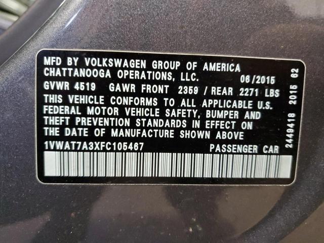 1VWAT7A3XFC105467 - 2015 VOLKSWAGEN PASSAT S GRAY photo 12