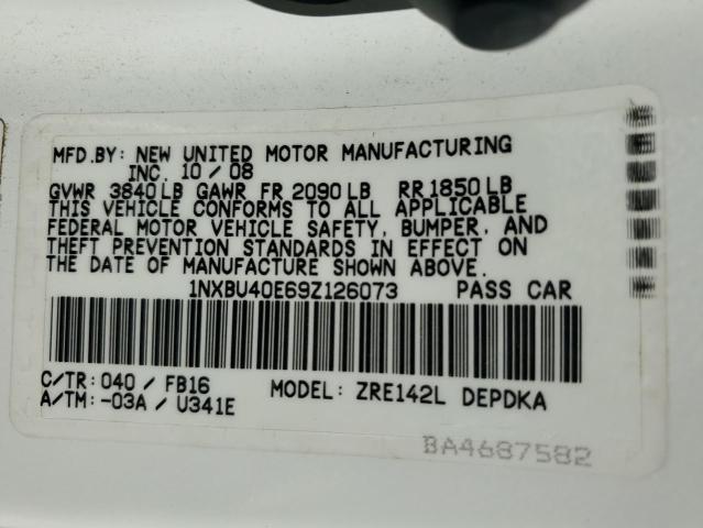 1NXBU40E69Z126073 - 2009 TOYOTA COROLLA BASE Beyaz fotoğraf 12