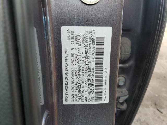 1HGCV1F10KA040744 - 2019 HONDA ACCORD LX ნაცრისფერი ფოტო 12