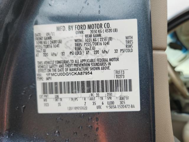 1FMCU0DG1CKA87954 - 2012 FORD ESCAPE XLT GRAY photo 12