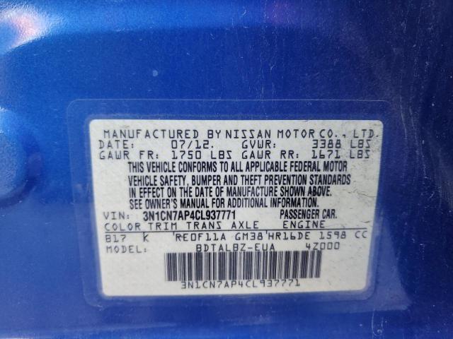 3N1CN7AP4CL937771 - 2012 NISSAN VERSA S Blau Foto 12