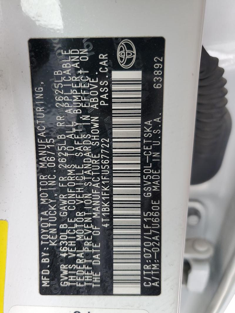 4T1BK1FK1FU567722 - 2015 TOYOTA CAMRY XSE WHITE photo 12