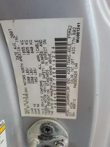 4A3AK24F78E014224 - 2008 MITSUBISHI ECLIPSE GS Srebrny zdjęcie 12