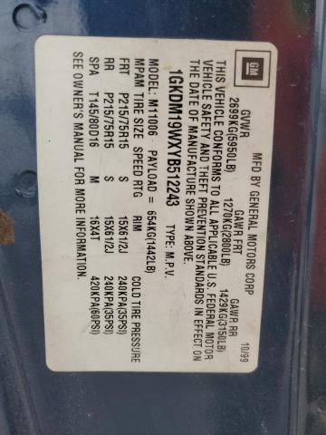 1GKDM19WXYB512243 - 2000 GMC SAFARI XT BLUE photo 13