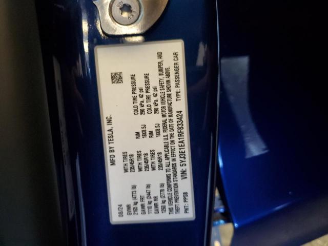5YJ3E1EA1RF833424 - 2024 TESLA MODEL 3 Mavi foto 12