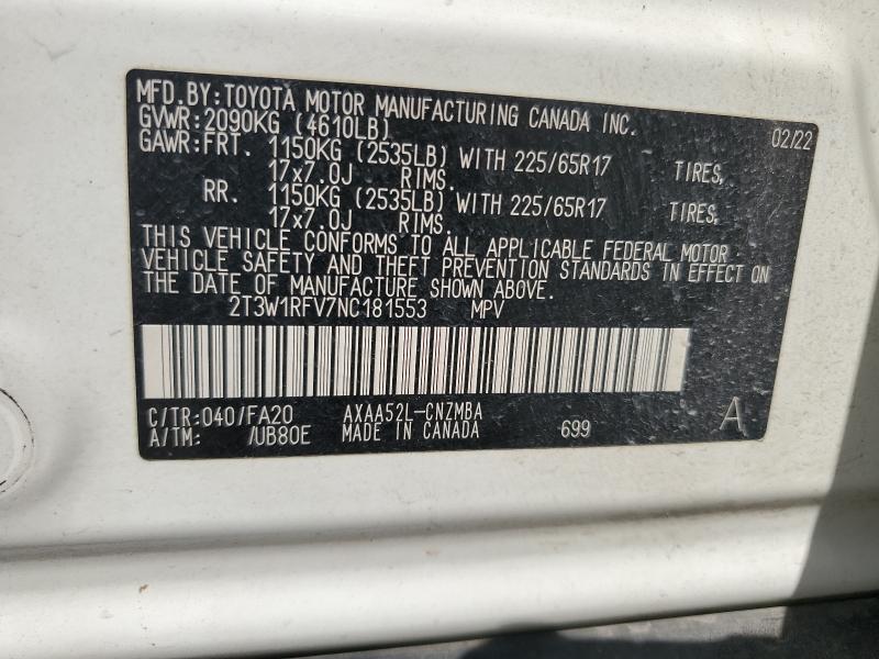 2T3W1RFV7NC181553 - 2022 TOYOTA RAV4 XLE WHITE photo 13