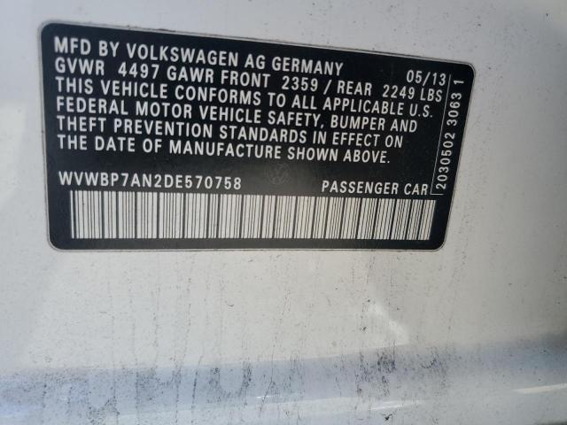 WVWBP7AN2DE570758 - 2013 VOLKSWAGEN CC SPORT თეთრი ფოტო 12