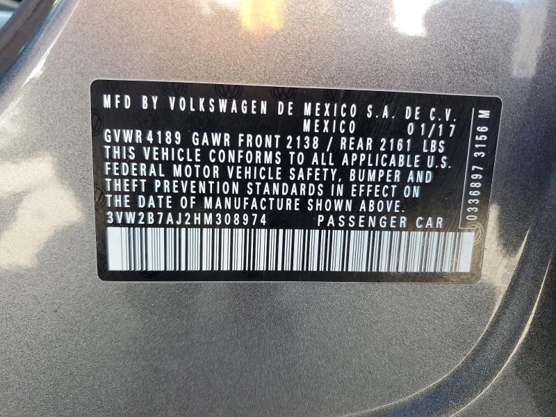 3VW2B7AJ2HM308974 - 2017 VOLKSWAGEN JETTA S Grau Foto 12