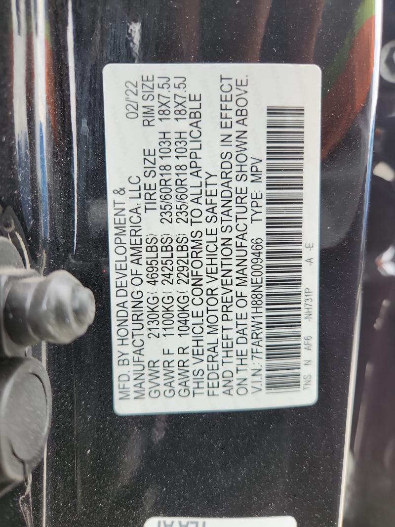 7FARW1H88NE009466 - 2022 HONDA CR-V EXL BLACK photo 14