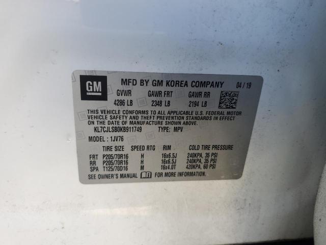 KL7CJLSB0KB911749 - 2019 CHEVROLET TRAX 1LT WHITE photo 13