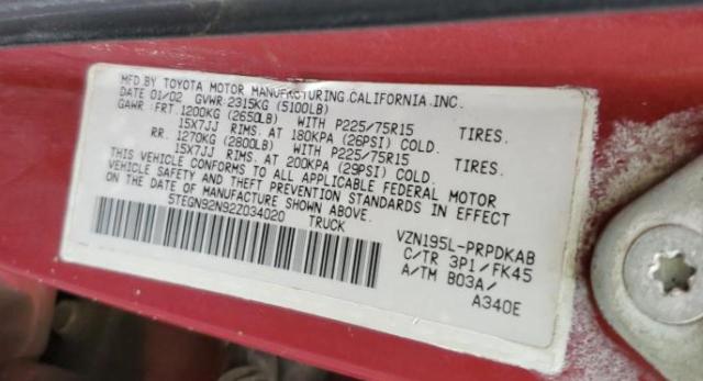 5TEGN92N92Z034020 - 2002 TOYOTA TACOMA DOUBLE CAB PRERUNNER RED photo 13