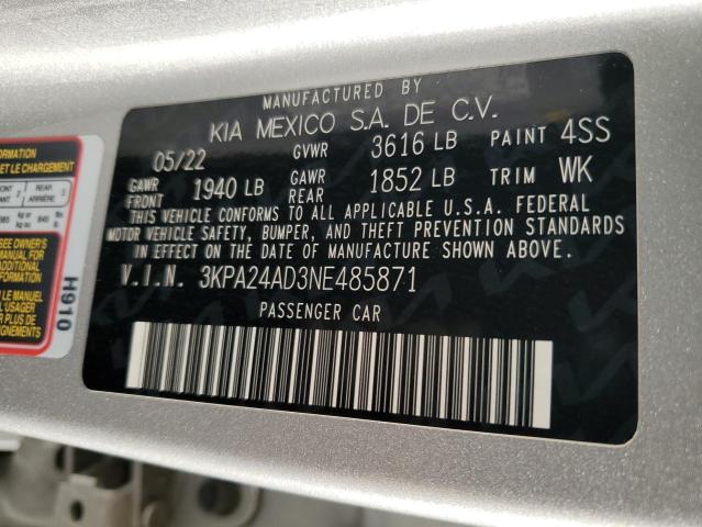 3KPA24AD3NE485871 - 2022 KIA RIO LX SILVER photo 12
