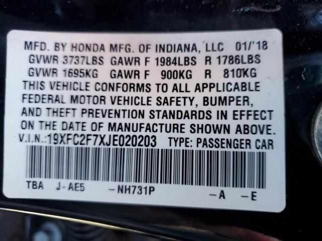 19XFC2F7XJE020203 - 2018 HONDA CIVIC EX BLACK photo 12