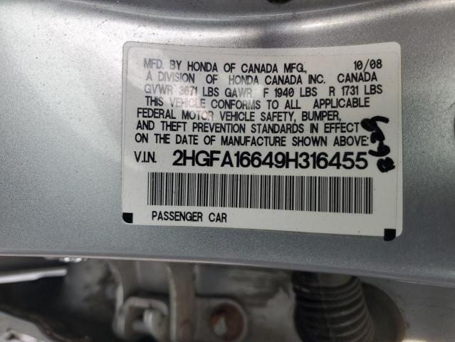 2HGFA16649H316455 - 2009 HONDA CIVIC LX-S ვერცხლისფერი ფოტო 12