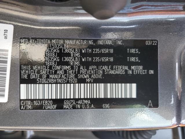 5TDGZRBH1NS571920 - 2022 TOYOTA HIGHLANDER XLE GRAY photo 13