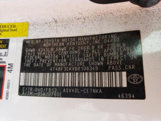 4T4BF3EKXBR108349 - 2011 TOYOTA CAMRY BASE WHITE photo 12