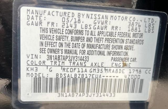 3N1AB7AP3JY314433 - 2018 NISSAN SENTRA S Noir photo 10