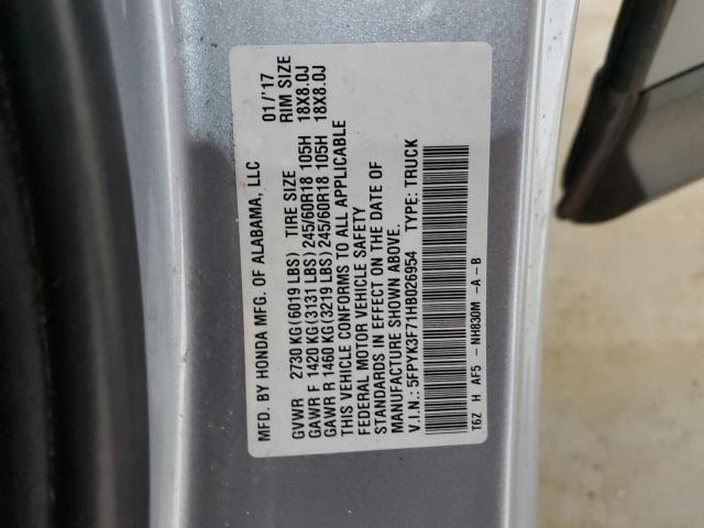 5FPYK3F71HB026954 - 2017 HONDA RIDGELINE RTL Boz foto 12