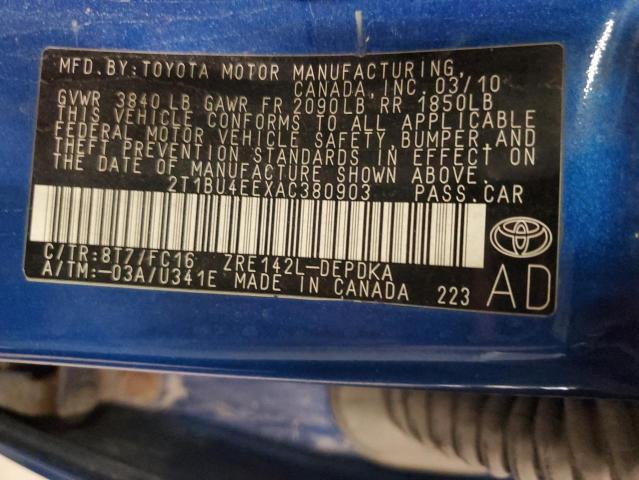 2T1BU4EEXAC380903 - 2010 TOYT COROLLA BASE أزرق صورة 12