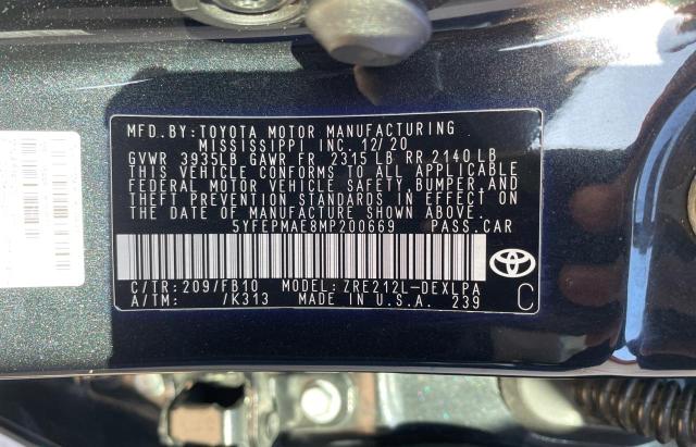 5YFEPMAE8MP200669 - 2021 TOYOTA COROLLA LE BLACK photo 10