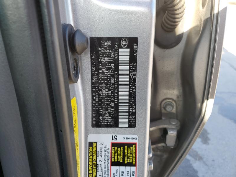 4T1B11HK1KU721954 - 2019 TOYOTA CAMRY L SILVER photo 12